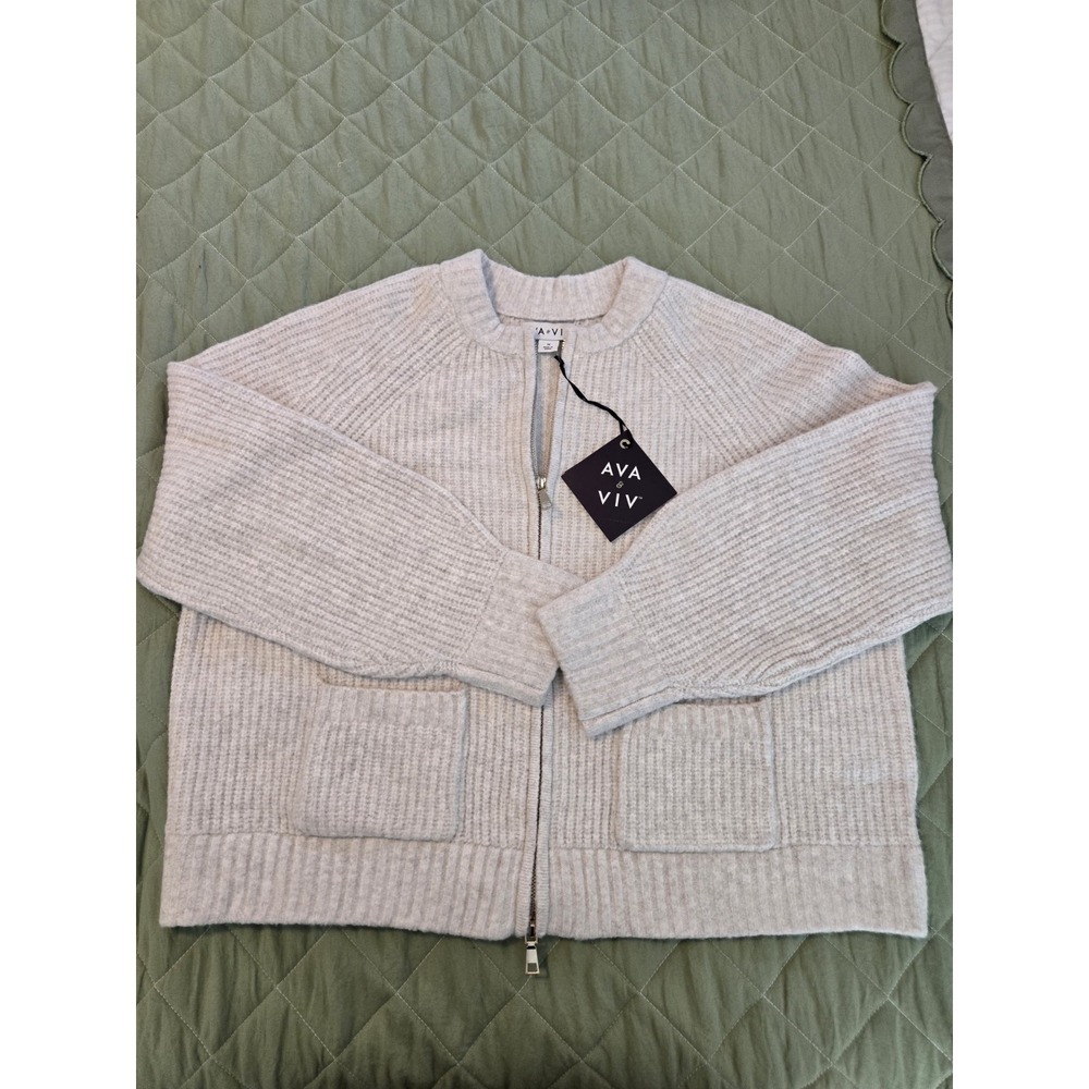NWT Womens 1X Ava & Viv Ivory Long Sleeve Cardigan Sweater W/ Full Zip, Pockets.